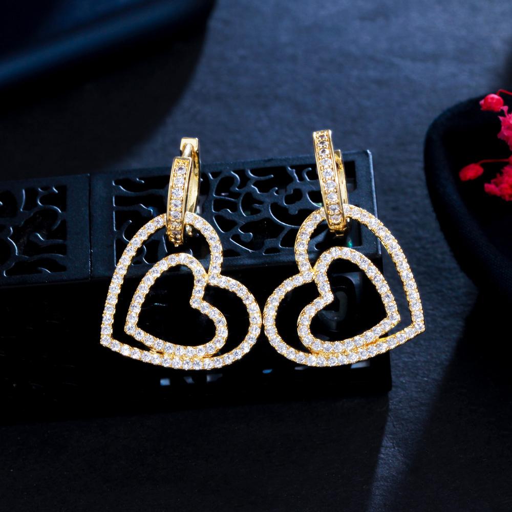 Fashionable Women's Micro Paved Cubic Zircon Brass Huggie Hoop Earrings New Trend Double Heart Drop for Parties and Gifts
