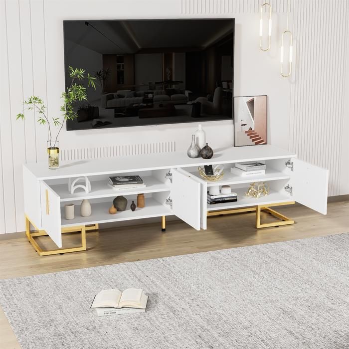 Meuble TV Elégant, Armoire Télé avec 4 Portes, Poignées et Pieds Dorés, Contemporain, Blanc, 170x40x45cm