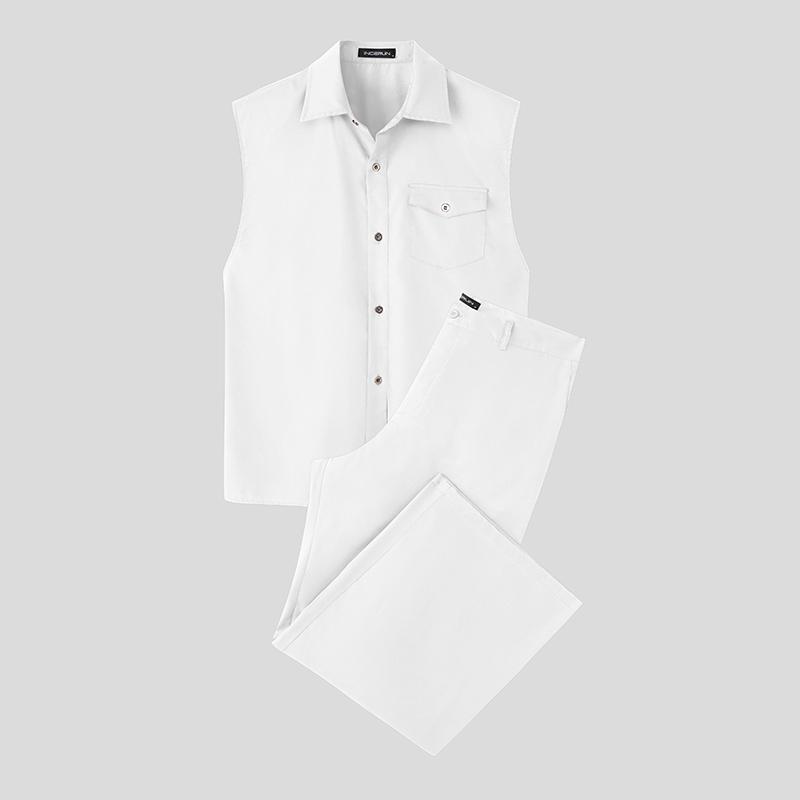 

INCERUN Men Sleeveless Buttons Shirts and Long Loose Pants Outfits Sets 2XL белый