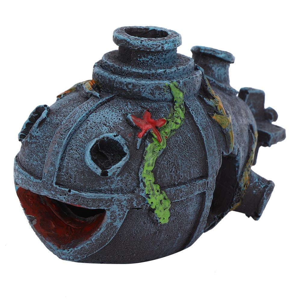 Hollow Cave Submarine Wreck Ornament Blue Weathered Finish Fish Tank Ornament  Sunken Ship Decor