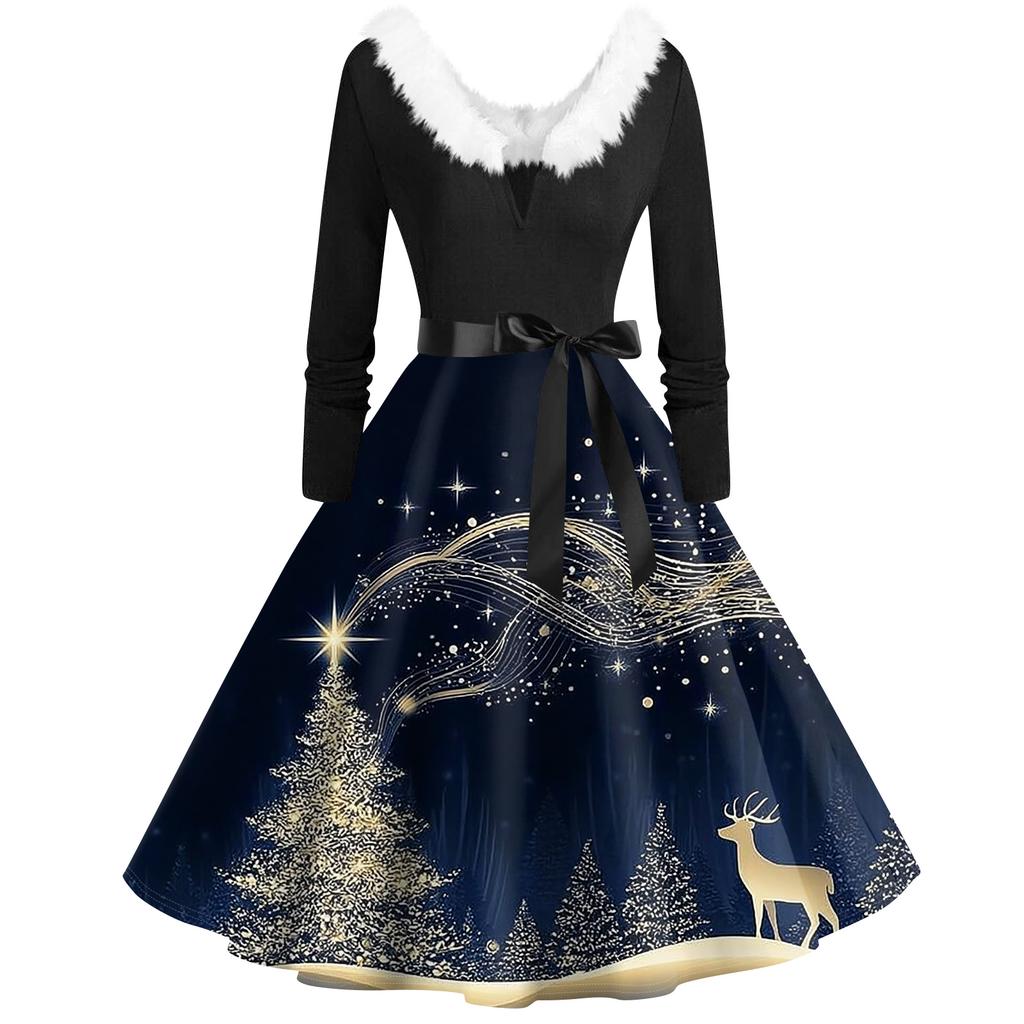 Women's Fashion V-Neck Casual Slim Christmas Printed Long Sleeve Hair Collar Dresses