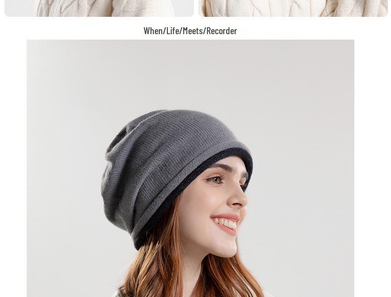 8164 Korean Style Knit Slouchy Beanie - Women's Warm Ear Protection Hat for Large Head Circumference, Autumn/Winter