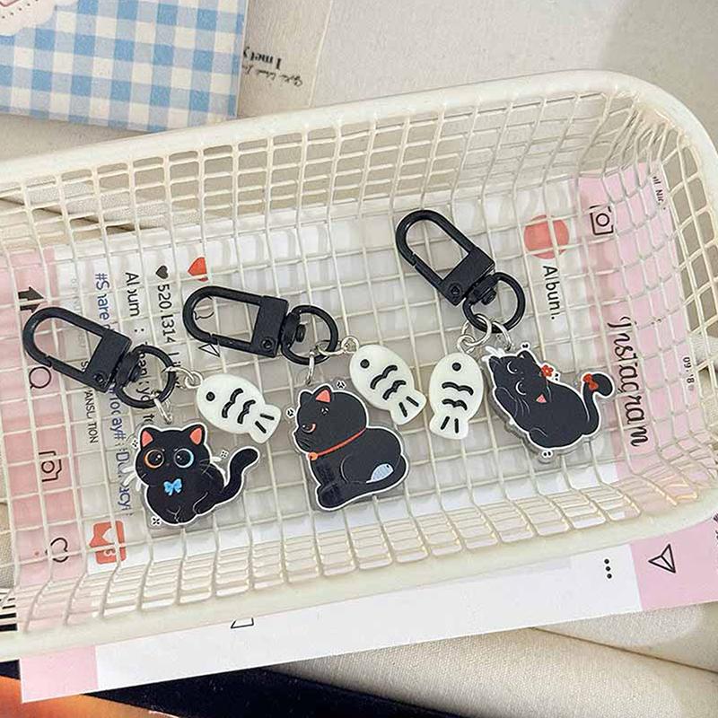 Kawaii Black Cat Little Fish Keychain Cute Cartoon Kitten Acrylic Keyring Couple Key Holder Bag Pendant Hanging Decoration Gifts