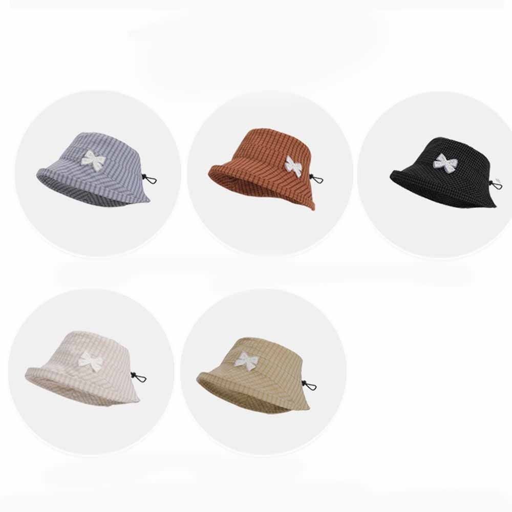 Wide Brim Women Bow Fisherman Hat Checkered Pattern Breathable Bucket Hat Plaid Pattern Windproof Sun Protection Hat Outdoor