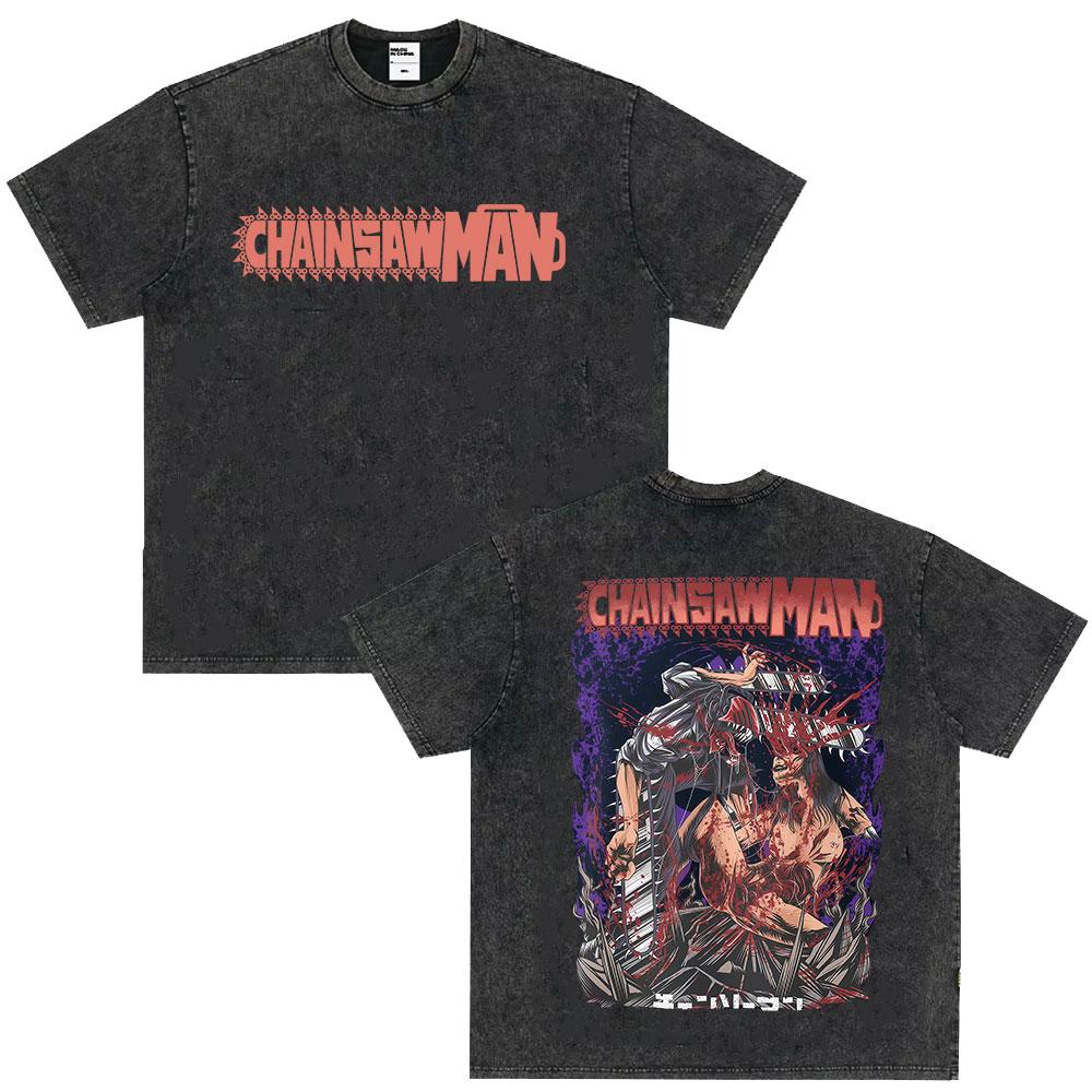 Japanese Anime Chainsaw Man Kobeni Metal Denji Tshirt Vintage Washed Manga Graphic T Shirts Unisex Couples Short Sleeve T Shirt