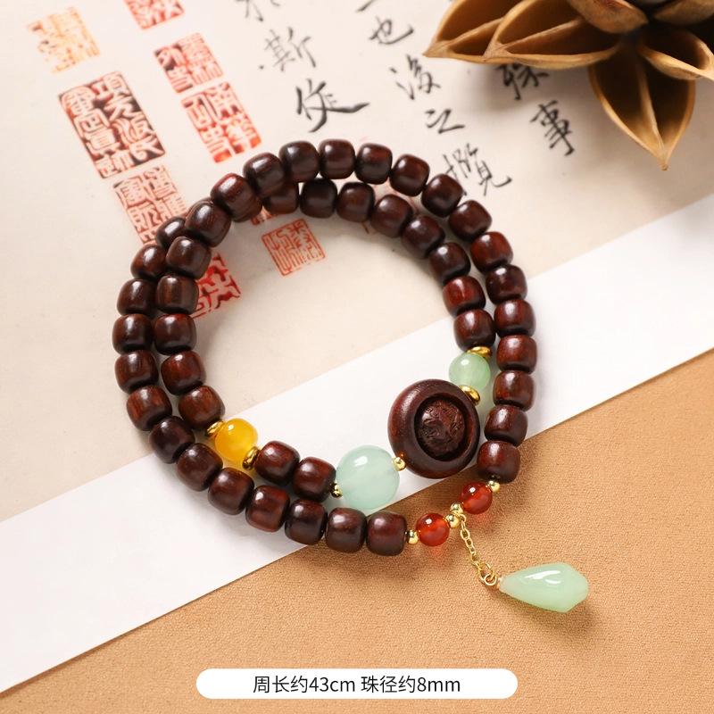 Multi-circle green sandalwood bracelet, men's and women's cultural play plate play bracelet, agate wooden Buddha beads stacked with accessories