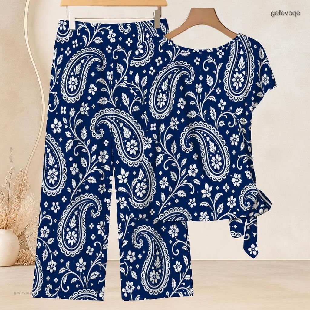 Women Plus Size Multicolor Printed Round Neck Short Sleeve Top And Long Pants Two Piece Set