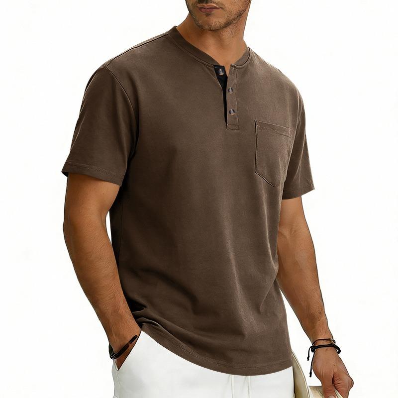 Men Henley Neck Short Sleeve T Shirt With Chest Pocket Casual Solid Color Tops