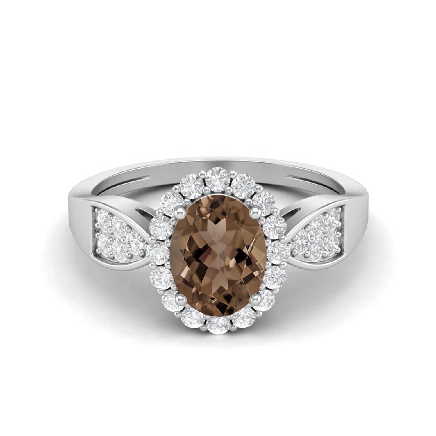 8X6mm Oval Smoky Quartz 925 Sterling Silver Solitaire Accents Women Engagement Ring 5