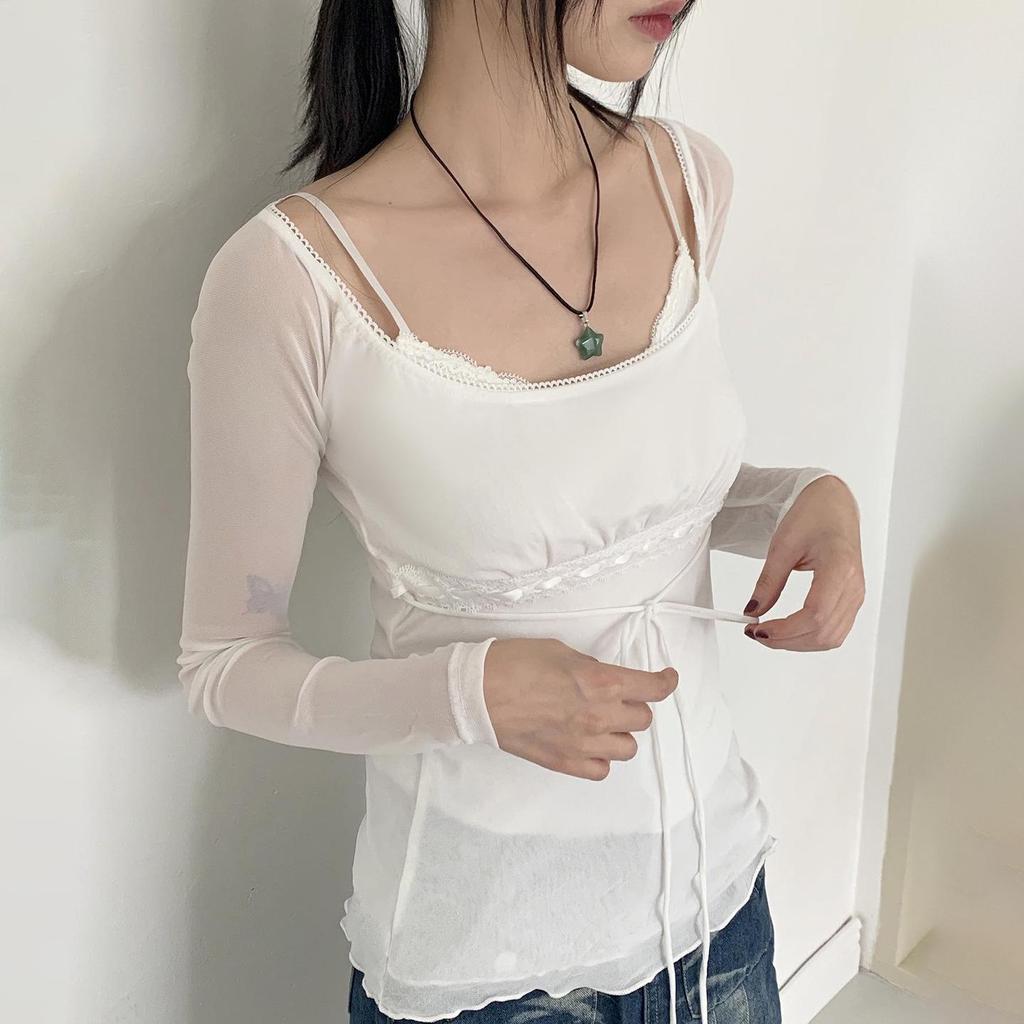 Spicy Girl Mesh Patchwork White Two-Piece Style Ruffle Trim Sheer Long Sleeve Top