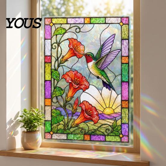 Decorative Glass Door Cling Stained Static Window Clings, Hummingbird Flower Stickers, Removable Repeatedly Used Sticker PVC Decals for Home