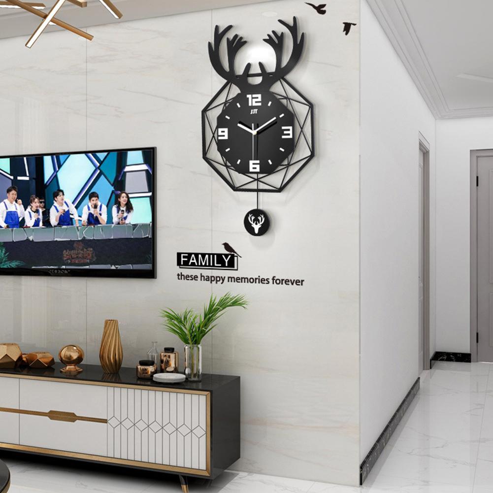 Nordic Style Deer Head Wall Clock Silent Movement Wood Wrought Iron Double layer Design For Household Living Room Decoration