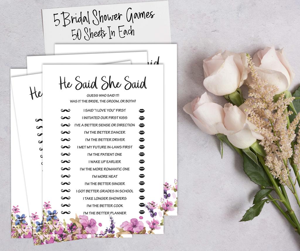Inkdotpot Bridal Shower Games Set of 5 (Activities for 50 Guests) Floral Theme Fun Bachelorette Party Games Set Bundle