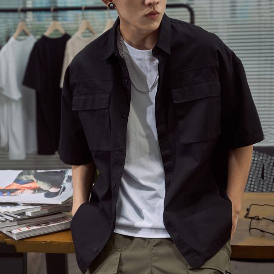 Hem Kurzarm Taschen Einfarbig Locker Knöpfe Hemd für die Schule