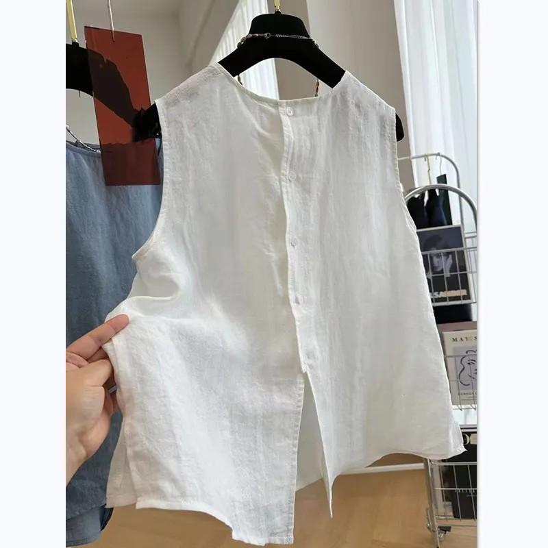 

Женский летний свободный тонкий литературный хлопково-льняной жилет с круглым вырезом и без рукавов 3XL белый