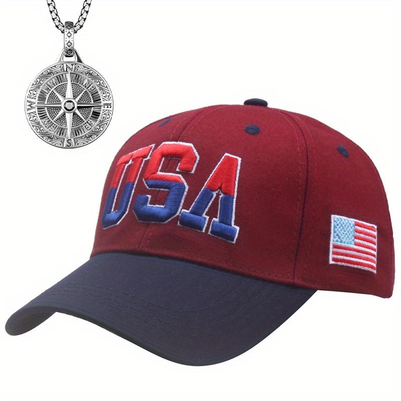 

Комплект из 2 мужских бейсболок, ожерелье, бейсболка с американским флагом, модный индивидуальный дизайн, винтажный компас, указатель, кулон, ожерелье, кепка для пары вино красного