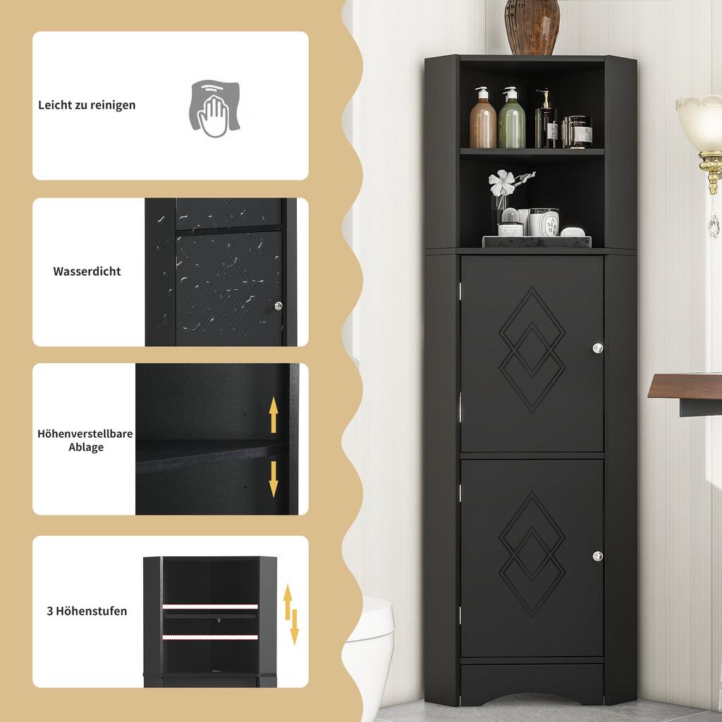 Bathroom Cabinet, Bathroom Furniture, Corner Cabinet with Two Storage Compartments, Open Compartment with Adjustable Shelf, 36.5x 36.5 x 155 cm, Black