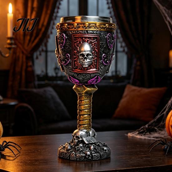 Dark Style Barware Horrible Resin Stainless Steel Skull Goblet, Retro Skeletal Wine Gothic Spooky Theme Tabletop Decor Cocktail Glasses, Vintage