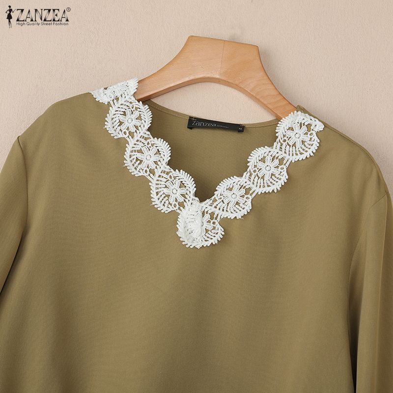 ZANZEA Women Lace Splice V-neck Casual Long Sleeve Blouse