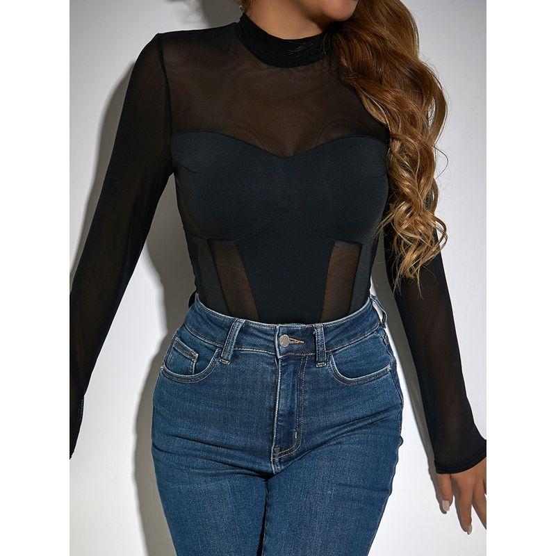 Women Sexy Long Sleeve One-Piece Top Women's Clothing Long Sleeves Silm Fishbone Jumpsuit