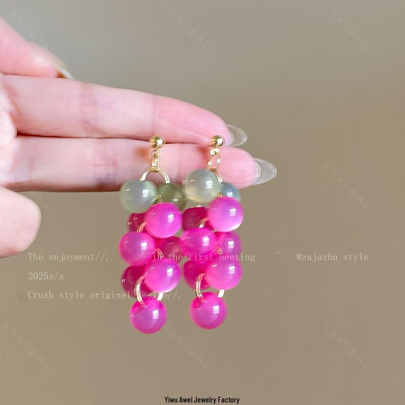 Mori Style Silver Needle Floral Glass Grape Tassel Earrings – Elegant High-End Design