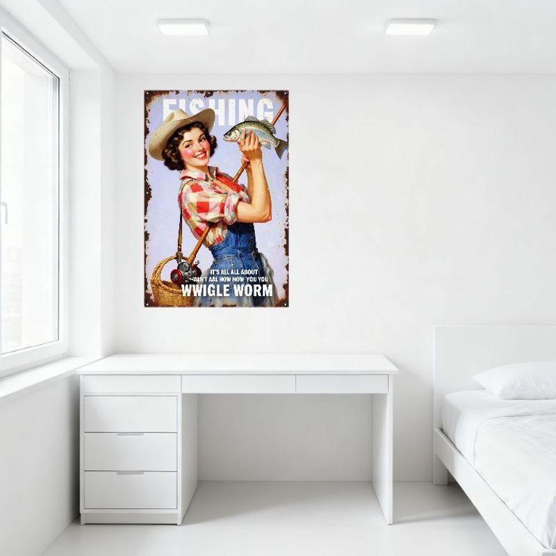 Vintage Fishing Pin-Up Metal Tin Sign, Weathered Rusty Border, Retro Woman Fishing Decor with 'FISHING' Text for Man Cave Bar Ho