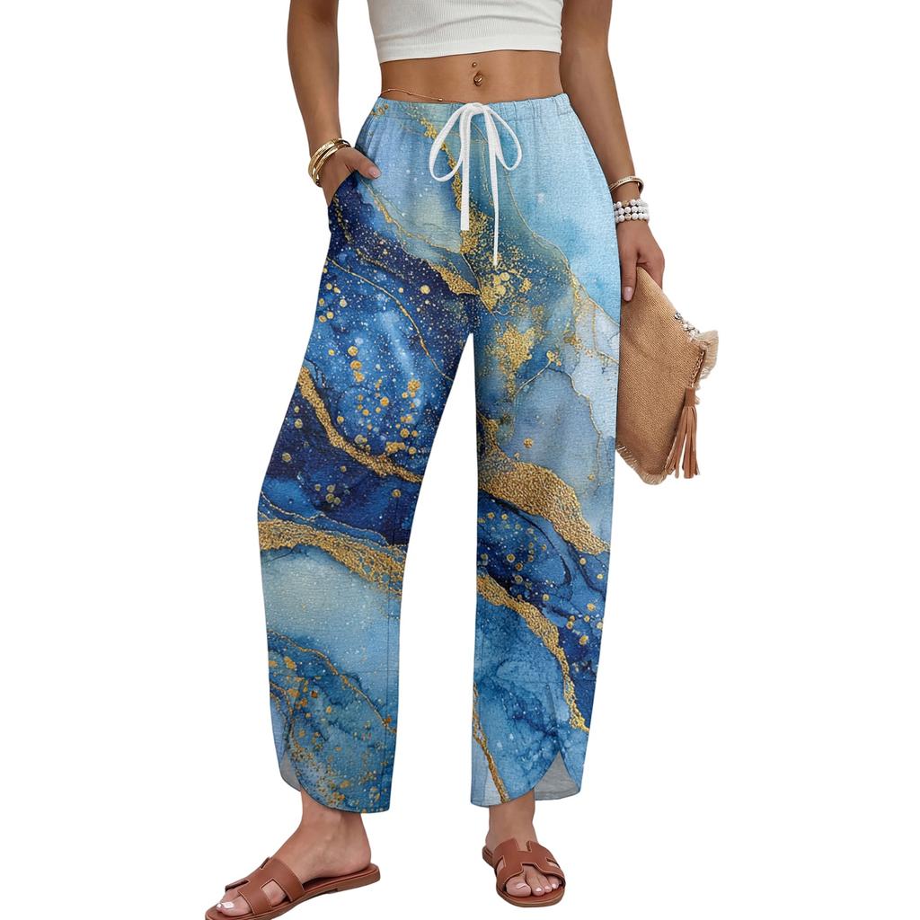 Women Casual Wide Leg Pants Marble Print Loose Fit Drawstring Waist Straight Leg Trousers Comfortable Lightweight Fabric