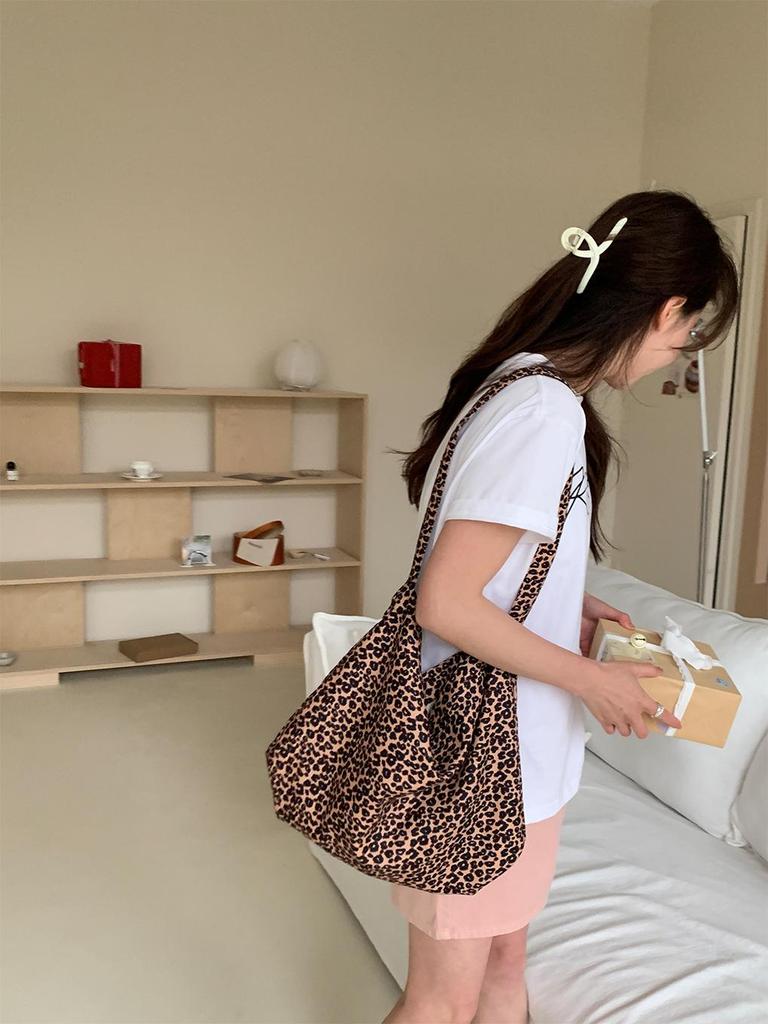 Korean Style Pink Leopard Print One-Shoulder Tote Bag