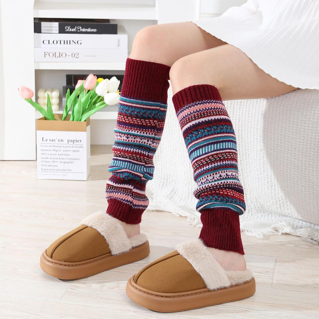 Camouflage Bohemian Style Yarn Warm Leg and Knee Pads European and American Autumn Winter Women Color Blocked Striped Pile Socks