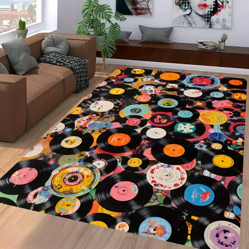Colorful Graffiti Record Print Living Room Rug Music Theme Carpet Bedroom Decor Vinyl Floor Mat Home Sofa Area Cover