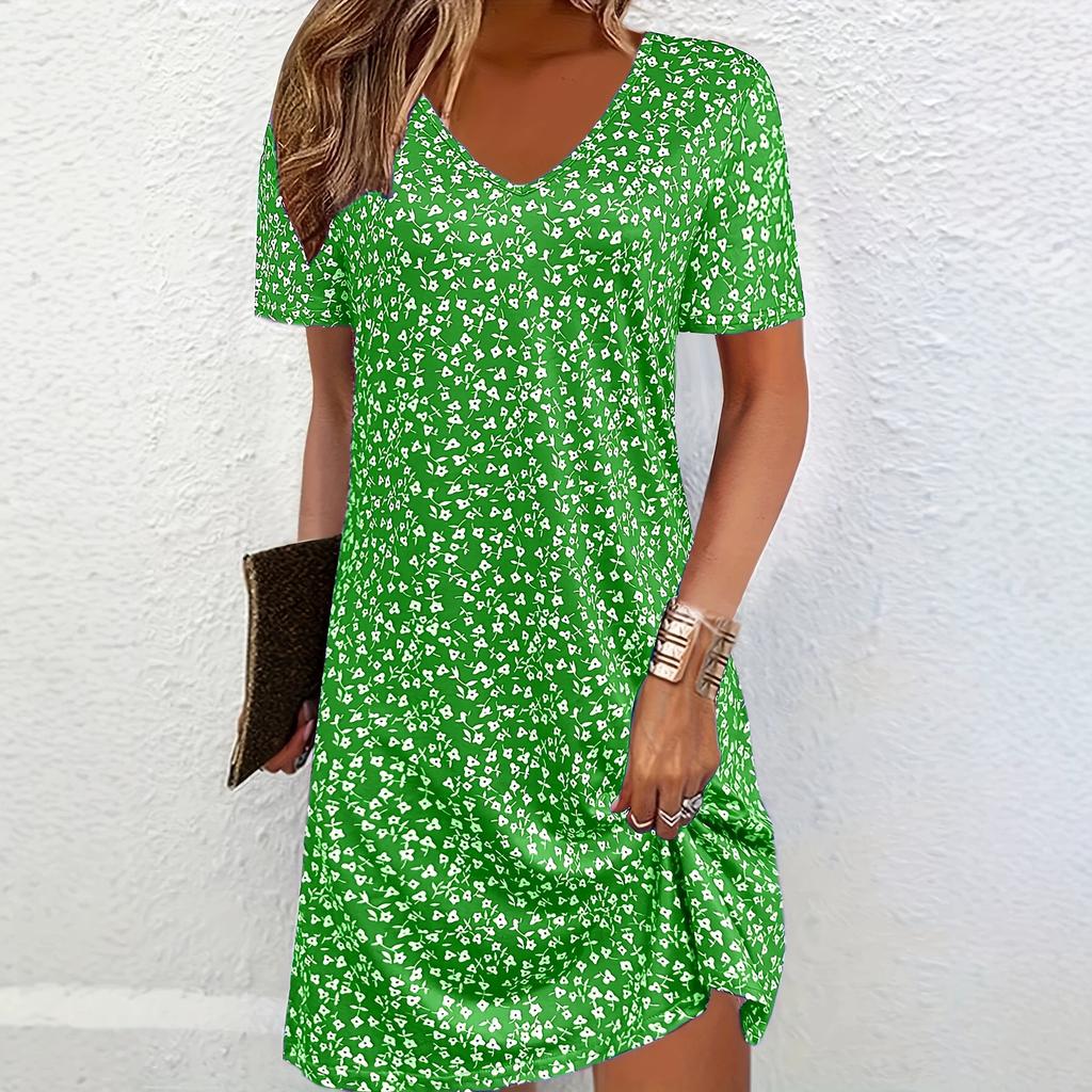 Summer new European and American V-neck floral short-sleeved dress casual vacation style women's clothing