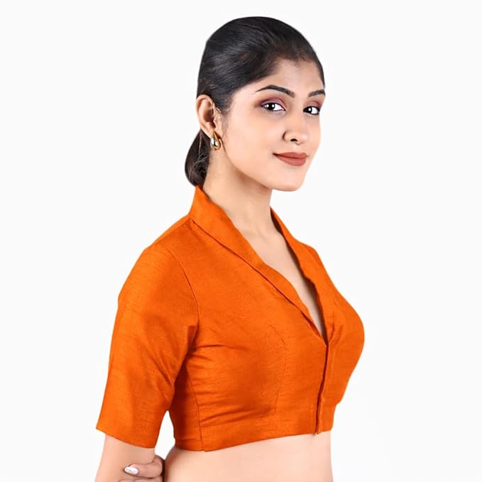 Women’s Solid Collar Neck Readymade Saree Blouse | Front Open Non Padded | Half Sleeve Art Silk Blouse