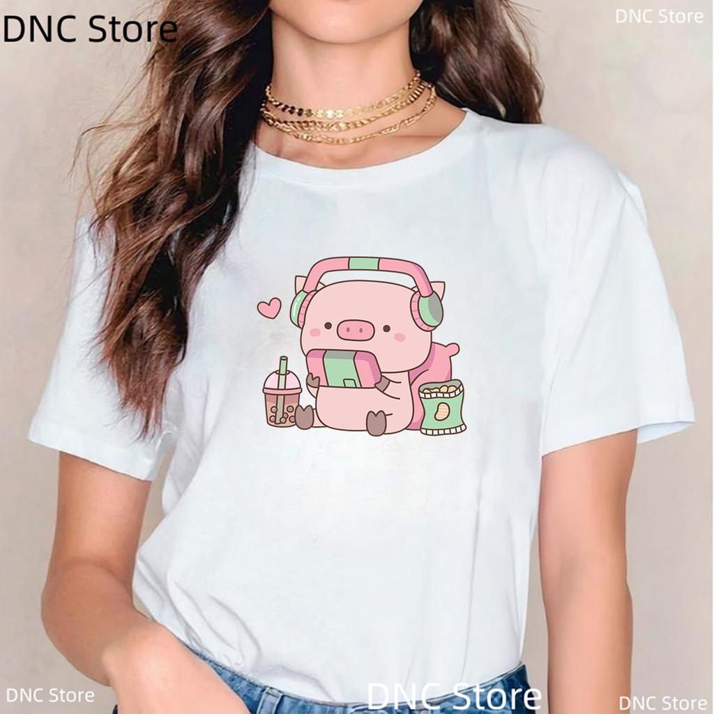 New Pink Pig Boba Tea Printed T Shirt Women Cartoon Animal T-shirt Casual Tops Bubble Tea Female Short Sleeve Streetwear Tshirt