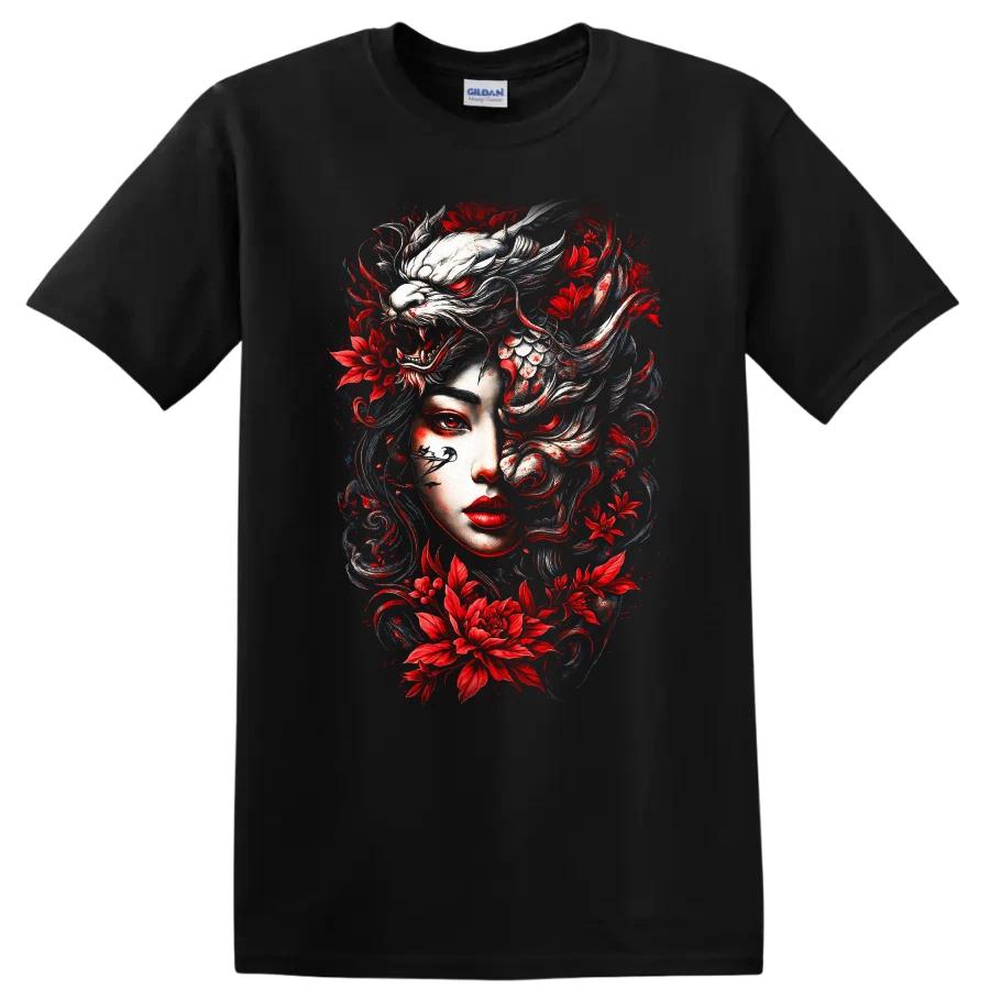 Japanese Style Dragon and Floral Face Art T Shirt w/ Tee for Art Lovers