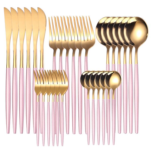 30pcs Gold Dinnerware Set Stainless Steel Steak Knife Fork Coffee Spoon Teaspoon Flatware Dishwasher Safe Kitchen Tableware Set