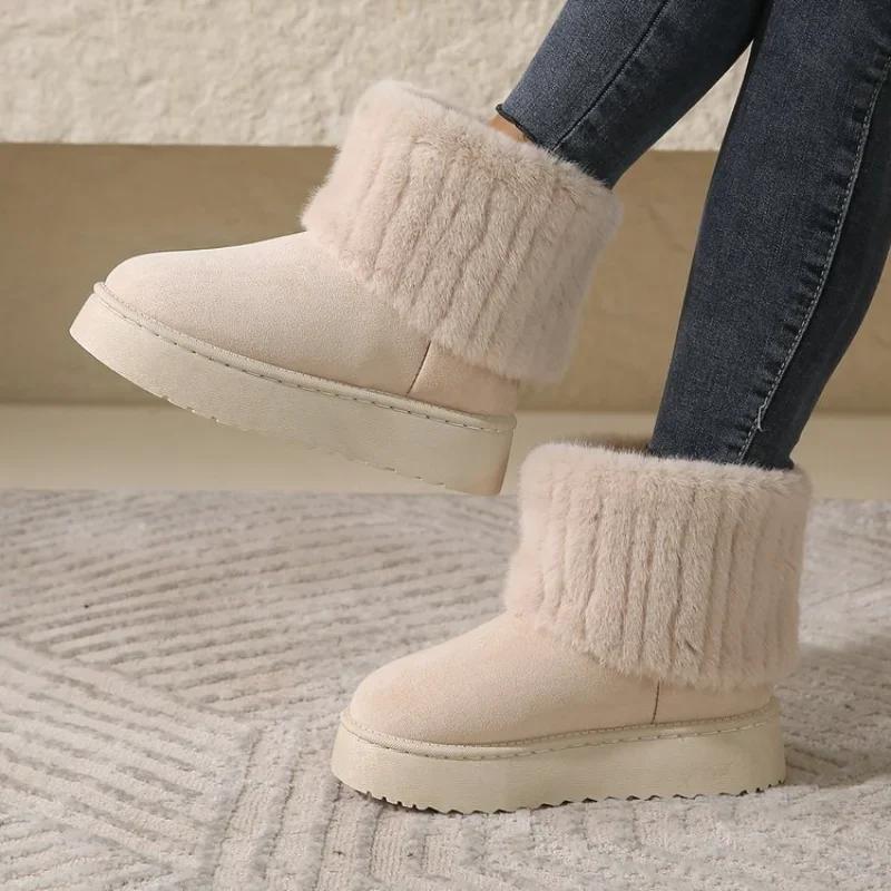 Fashion Winter Paragraph Women's Boots Black Round Toe Solid Flock Plush Warm Mid Heel Water Proof Casual Snow Boots