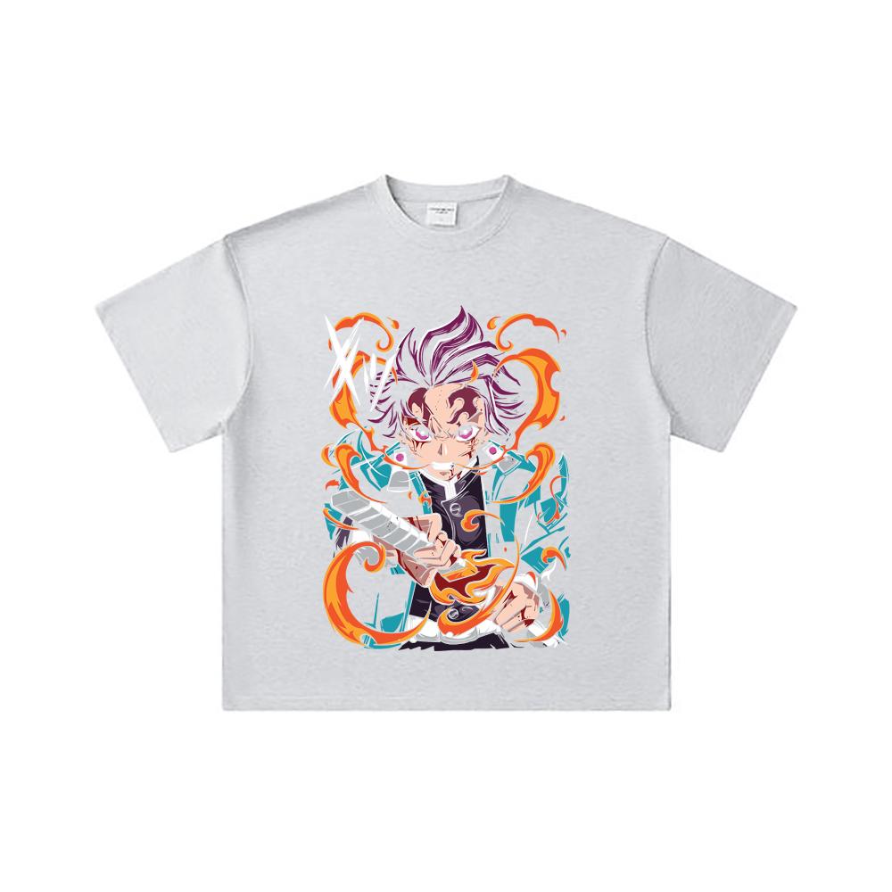 260 GSM Double Yarn 32 Count 100% Cotton Demon Slayer V64 Tanjiro Fire Breathing Print Unisex Heavy Cotton T Shirt
