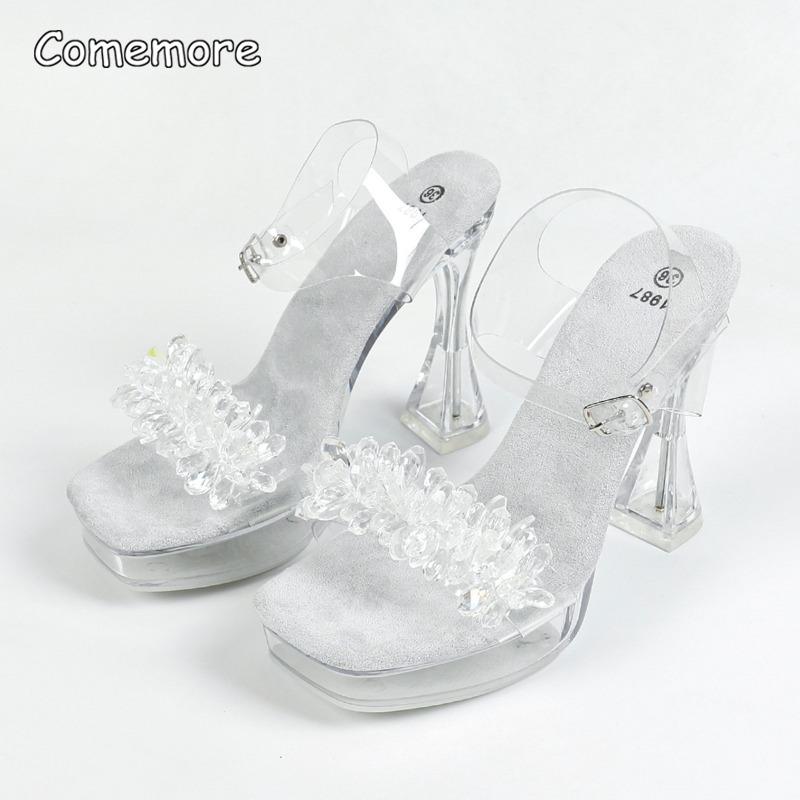 

Transparent PVC Sexy Sandals for Women Crystal Decors Square Open Toe Fashion Sandals Ladies Summer Buckle Strap Woman Shoes 43 срібний