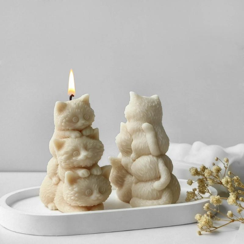Creative DIY Animal Three Kittens Silicone Mold Stacking Cats Cute Aroma Candle Plaster Ornaments Car Aromatherapy Molds
