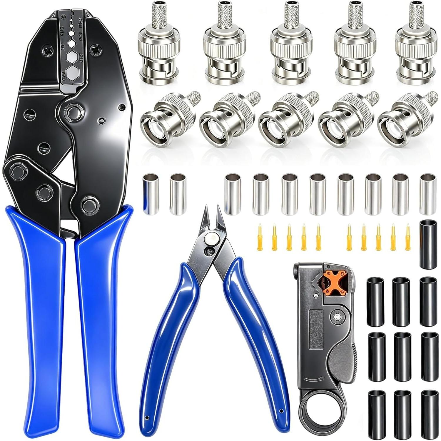Coaxial Cable Tool Kit BNC Crimp tool with 10PCS BNC Male Crimp Connector,Coaxial Cable Stripper Cutter,Wire Cable Cutter and Heat Shrink Tube L