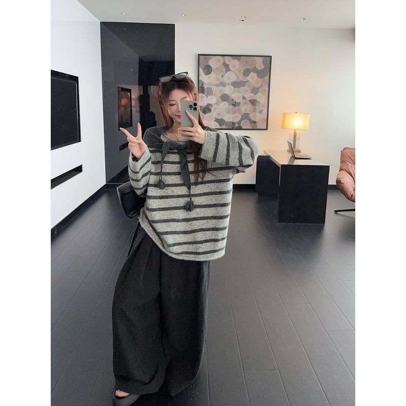 Kumikumi Retro Contrast Color Stripes Long Sleeves Sweaters Women's Clothing Fall Idle Style Soft Glutinous Loose Knitwear Tops