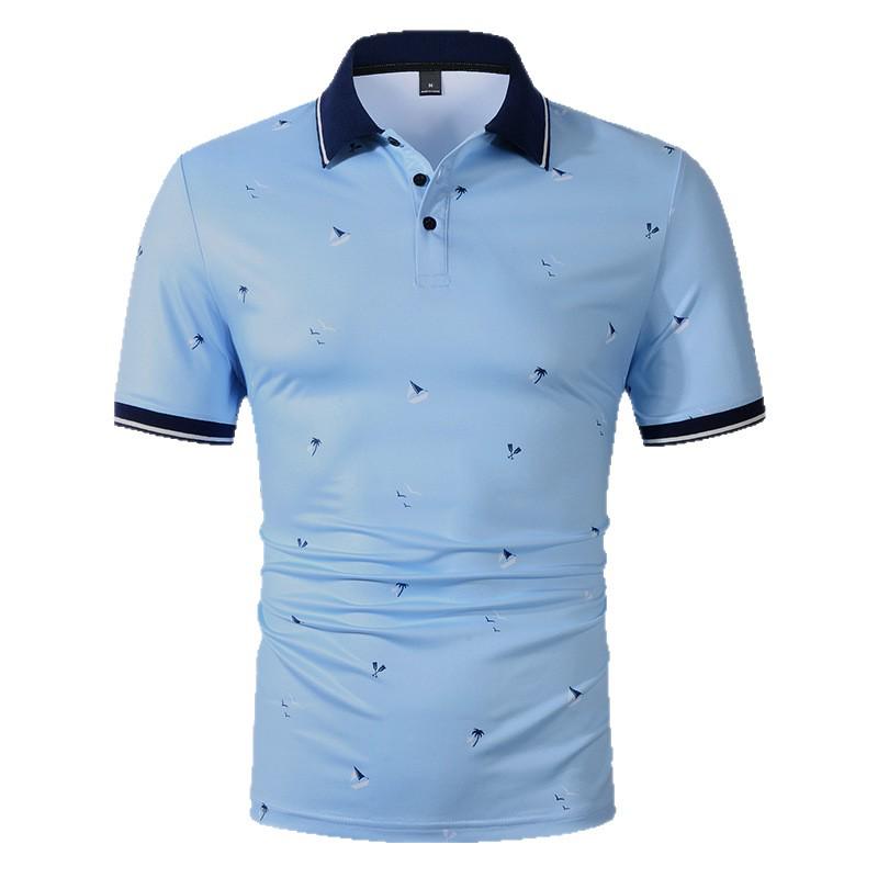 Shanggu Men's American Style Color Block Lapel Short Sleeve Printed Polo Shirt
