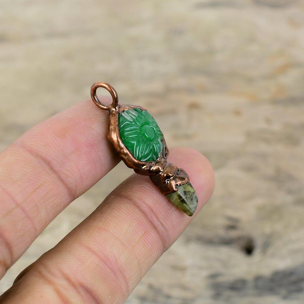 Carved Green Onyx Pendant Electroformed Copper Pendant Green Tourmaline Rough Gemstone Pendant Electroformed Jewelry Handmade Decent Pendant