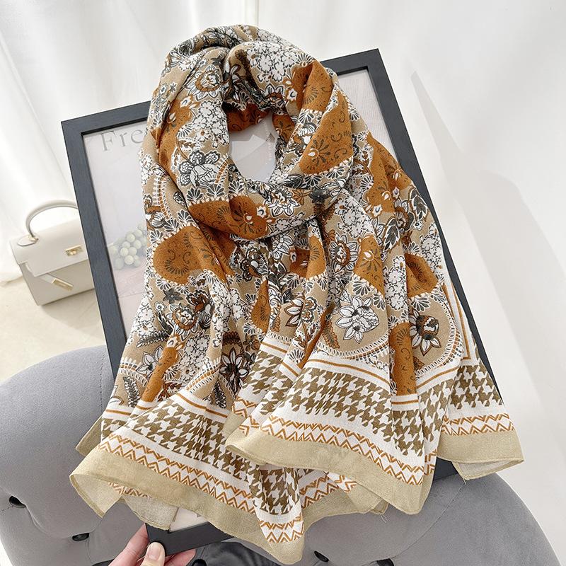 Women's retro cashew flower scarf personalized spring and autumn fashion thousand bird grid printing thin scarf tide