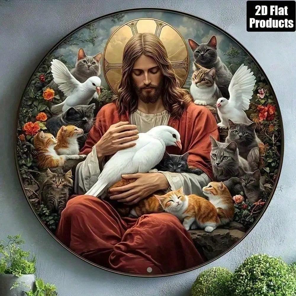

VAVOE Jesus Cat Religious Metal Sign 8 Inch Round Aluminum Plaque Wall Decor Home Church різнокольоровий