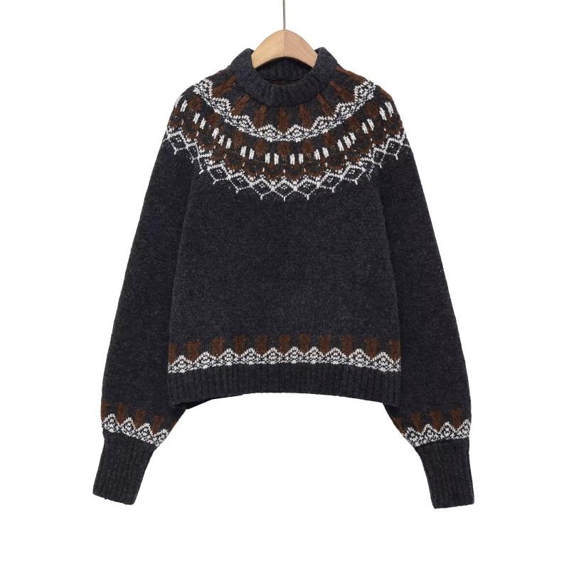 Cozy Oversized Knit Sweater Women Winter Loose Round Neck Vintage Patterned Pullover