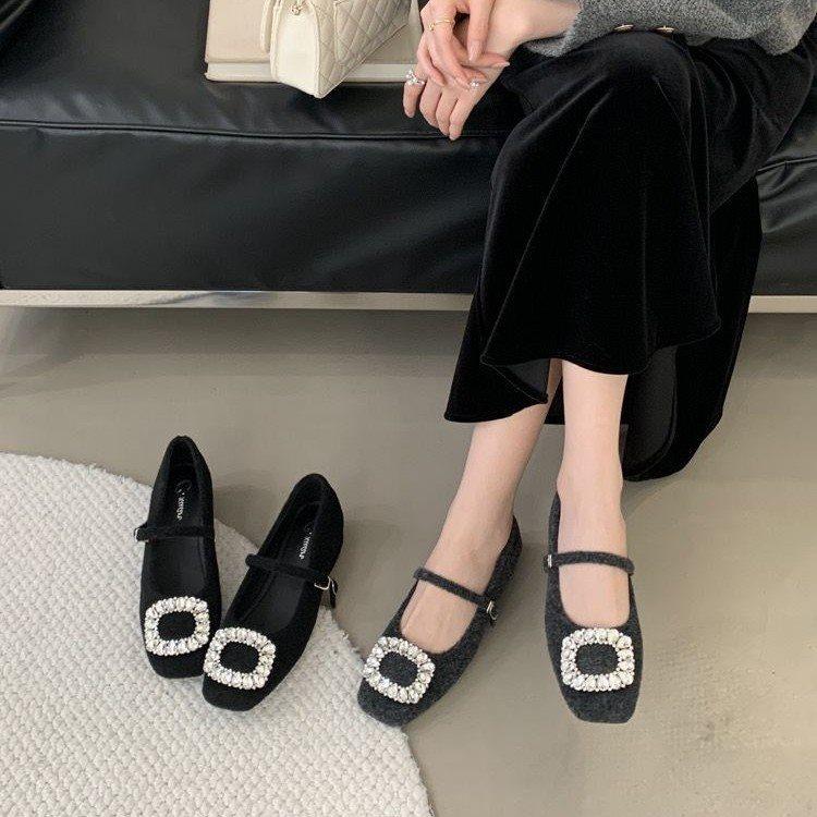 Rhinestone Velvet New Women'S Fashion Versatile Thick Heel Single Shoes Warm Spring Skirt Mary Jane High Heels