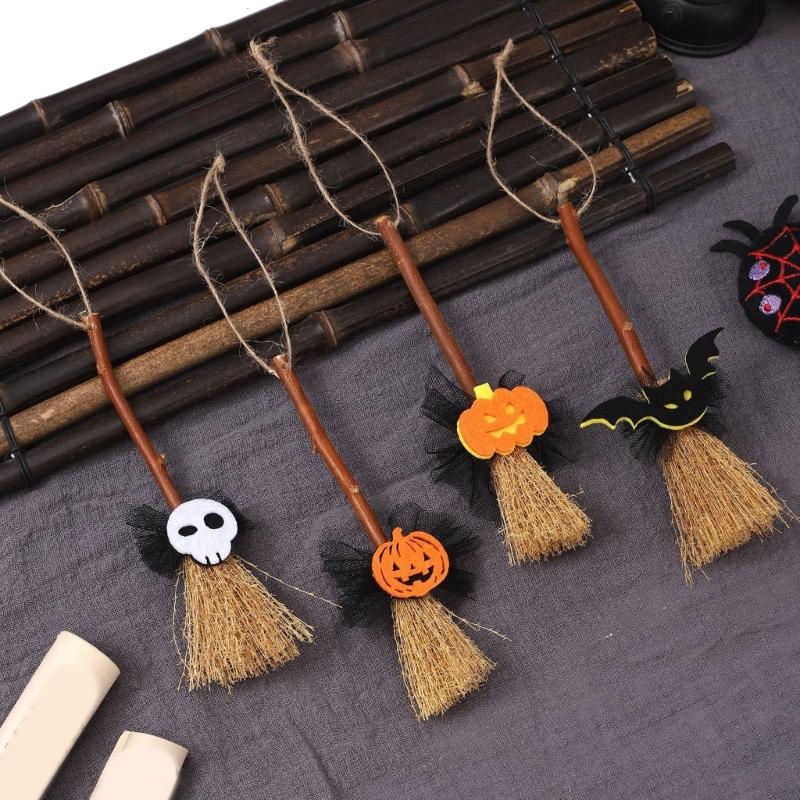 Small Witch Broom with Ghosty/Pumpkin/Bat Halloween Witches Broomstick Hanging Ornaments Halloween Decorations Gift