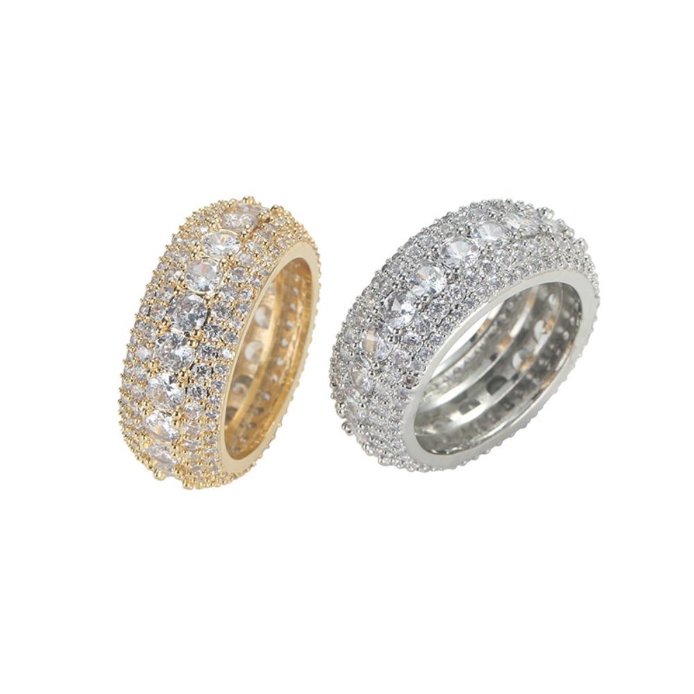 Copper Inlaid Zircon Ring, Three Rows of Full Diamonds Light Luxury Ring Size Diamond Splicing Ring