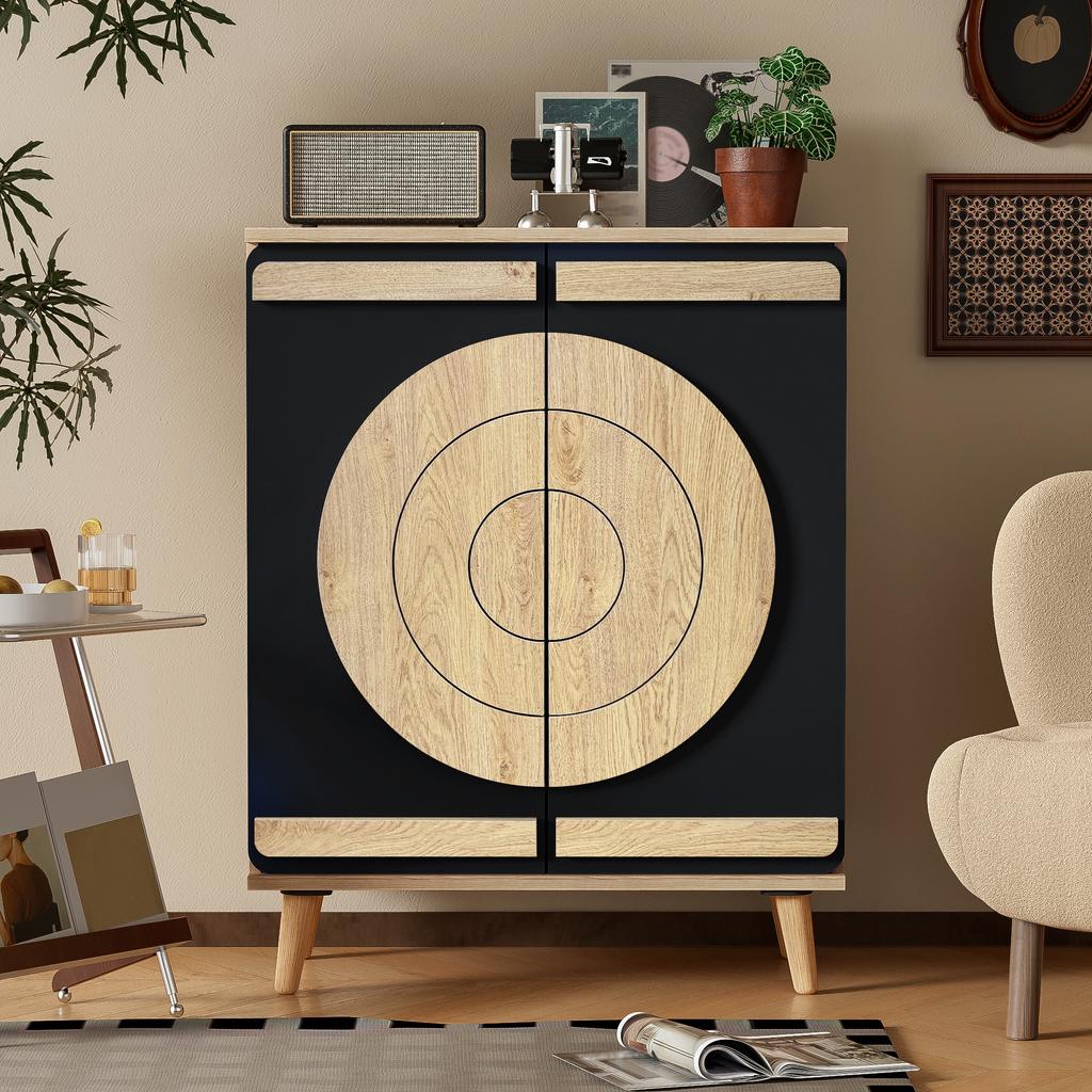 Moderne Schoenenkast met Ronde, Geometrische Deuren, Meerdere Opbergniveaus, Stevige Houten Poten.